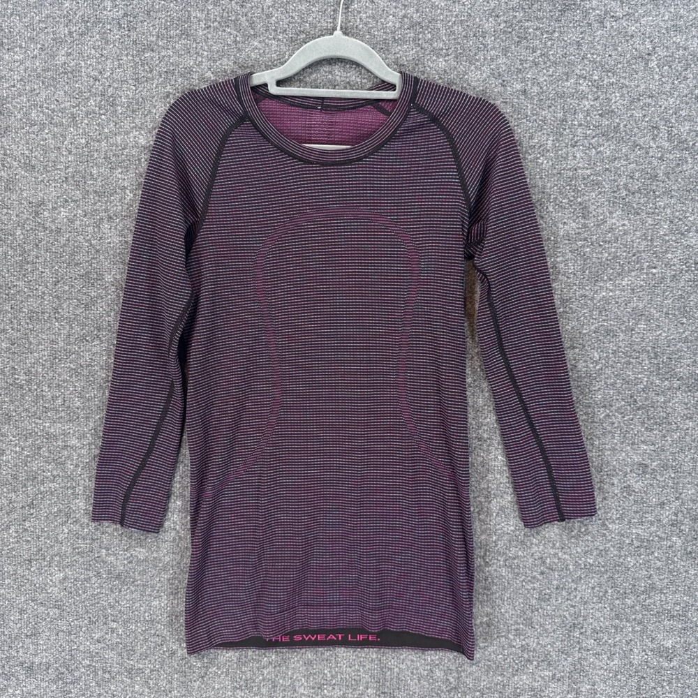 Lululemon Swiftly Tech Tshirt Women 6 Purple Striped Athletic Workout 3/4 Sleeve